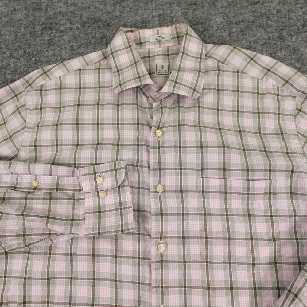 Peter‎ Millar Shirt Mens Large Pink Brown Plaid Cotton Button Up Long Sleeve